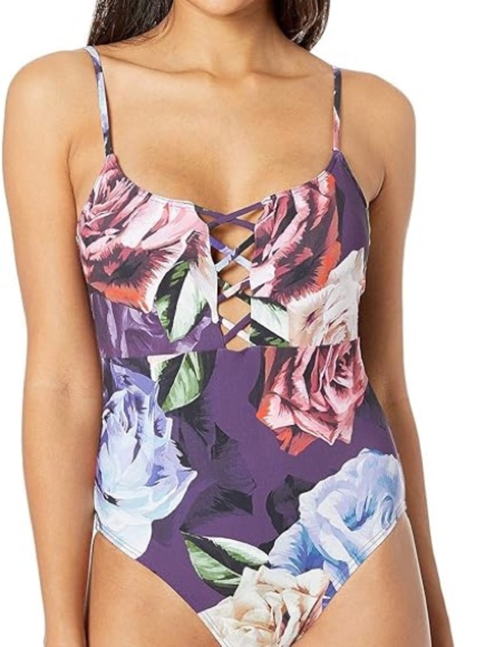 Plus Size 20 Floral Lace-Up One-Piece Swimsuit in Purple